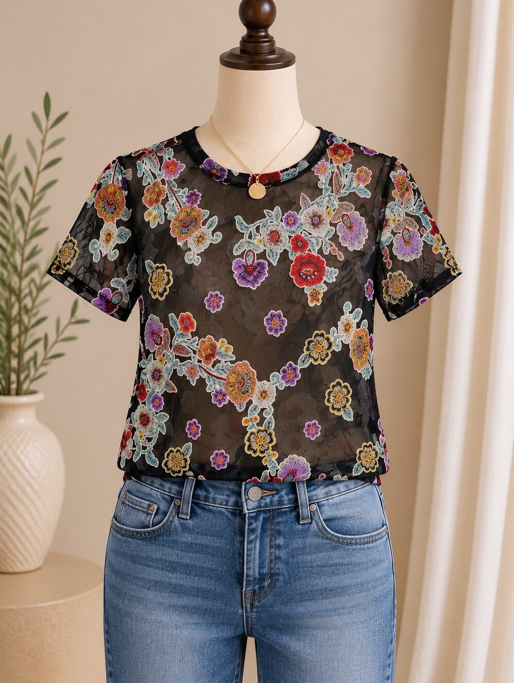 Ginger G Sheer Floral Mesh Short Sleeve Top Size Small
